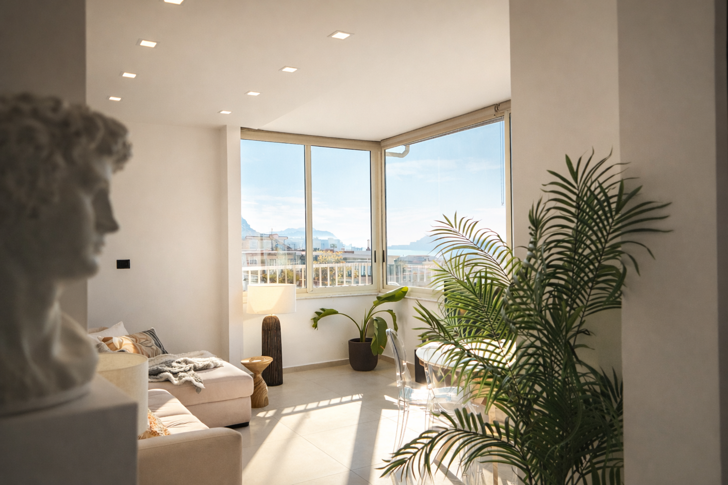 Private 100m² rooftop terrace at Terrazza Iside luxury penthouse with panoramic Gulf of Naples view, Pozzuoli, Italy